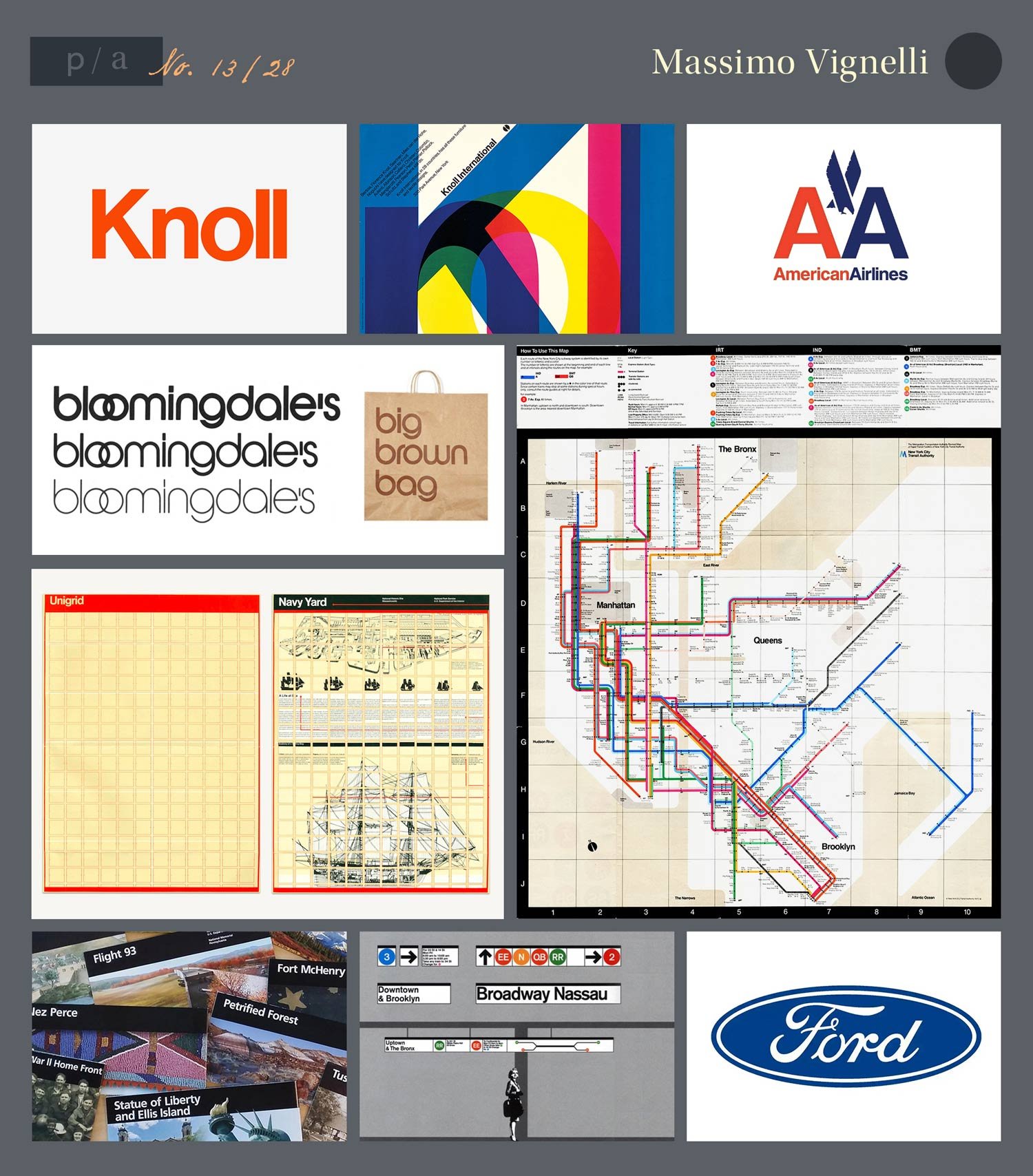 Examples of Massimo Vignelli's brand identity work, including Ford, American Airlines, and the New York Subway System map.